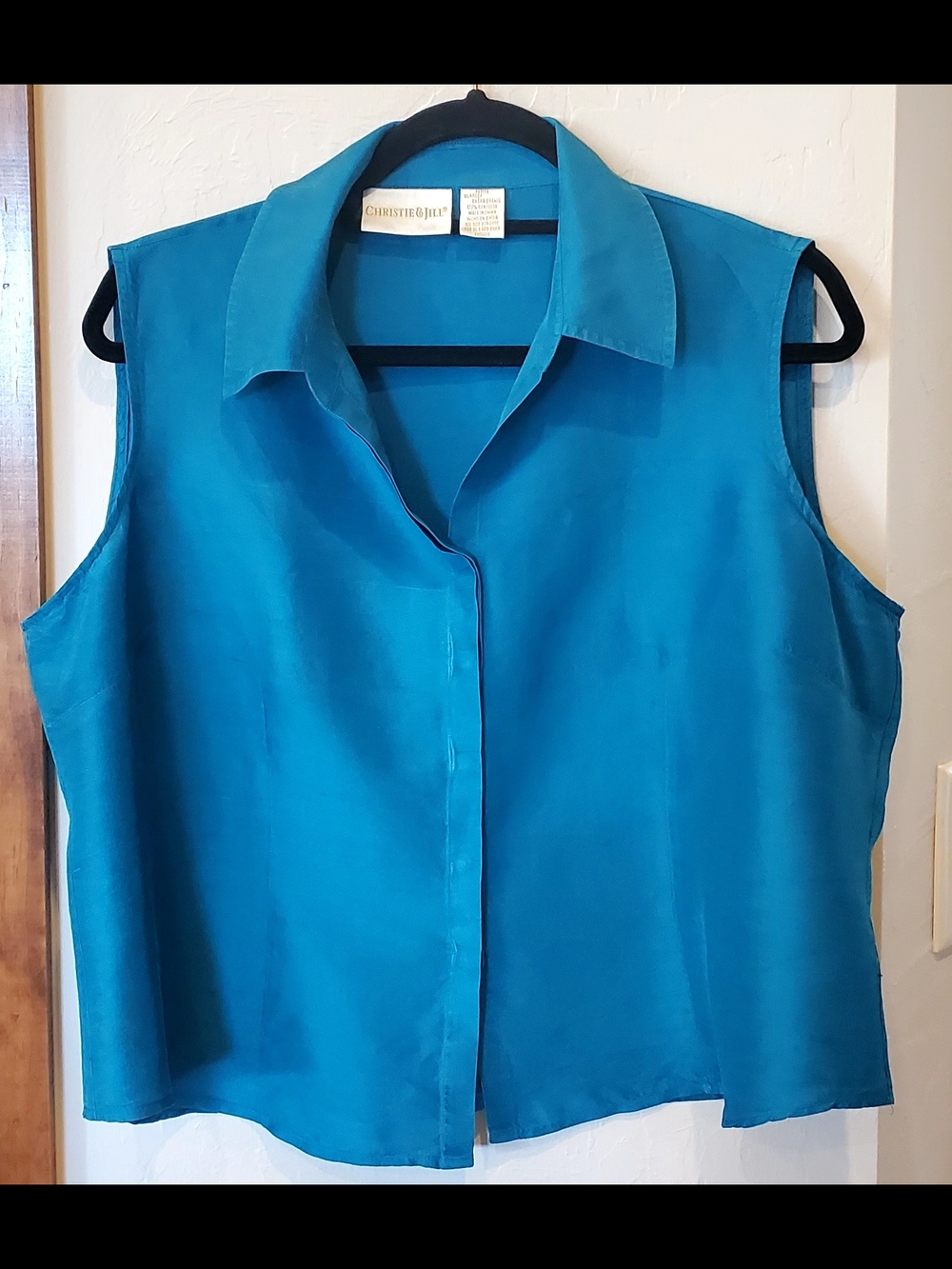 Christie & Jill Silk Teal Sleeveless Collared Button-Front Blouse XLP